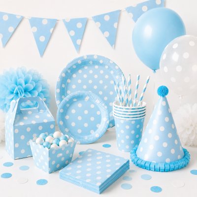 Artigos para festa azuis com bolinhas brancas