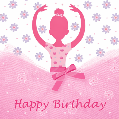 Figura de bailarina rosa com vestido de bolinhas e texto Happy Birthday em fundo florido