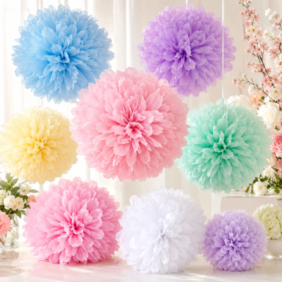 Bolas decorativas em papel colorido pastel com textura de pétalas