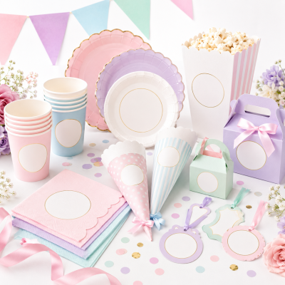 Artigos de festa em papel pastel com padrões às riscas e bolinhas
