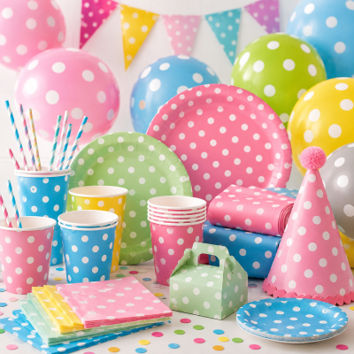Artigos de festa coloridos com padrão de bolinhas brancas em fundo branco