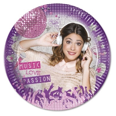 Prato descartável roxo com imagem de jovem com auscultadores e texto MUSIC LOVE PASSION