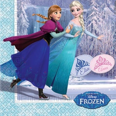 Personagens Anna e Elsa de Frozen com cenário de inverno e logotipos