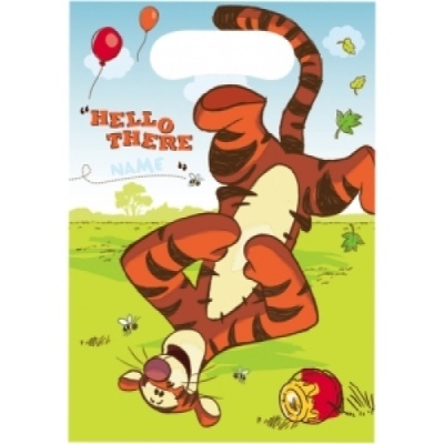 Saco de plástico com desenho de tigre e balões coloridos em fundo de campo verde