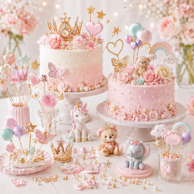 Dois bolos decorados com coroas, flores e acessórios em tons rosa e dourado