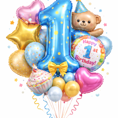 Balões coloridos para aniversário de 1 ano com número 1, coelho de chapéu de festa e cupcake