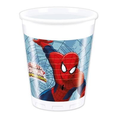 Copo plástico branco com imagem do Homem-Aranha e texto SPIDER-MAN WEB WARRIORS
