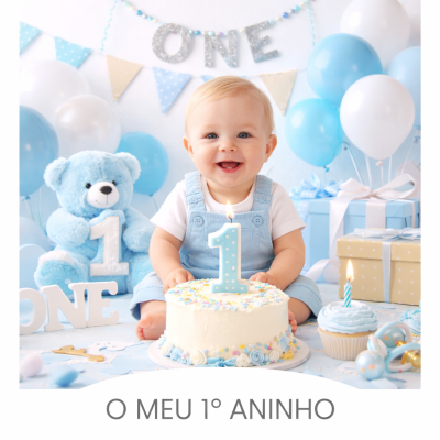 Bebé em festa de 1º aniversário com bolo, vela e decoração azul e branca
