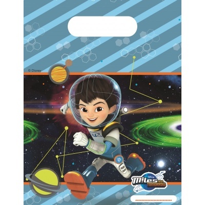 Pacote plástico azul com personagem de desenho animado em fato espacial e planetas coloridos.