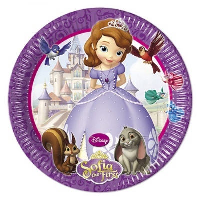 Prato descartável com a personagem Sofia the First em vestido roxo e animais junto a um castelo