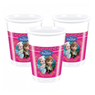 Copos descartáveis com tema Disney Frozen rosa e imagem das personagens Elsa e Anna