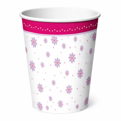 Copo de papel brancos com flores lilases e borda rosa