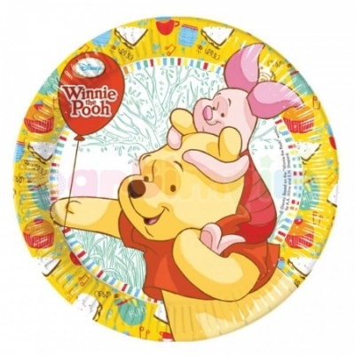 Prato descartável de papel com desenho do Winnie the Pooh e Leitão, fundo amarelo com elementos de mel e chávenas, texto Disney Winnie the Pooh