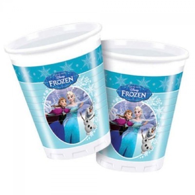 Dois copos de plástico com tema Disney Frozen azul claro e branco.
