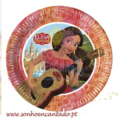Prato descartável com imagem da personagem Disney Elena de Avalor com guitarra