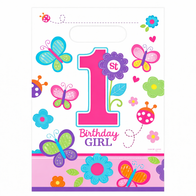 Sacola plástica branca com decoração de aniversário para menina de 1 ano