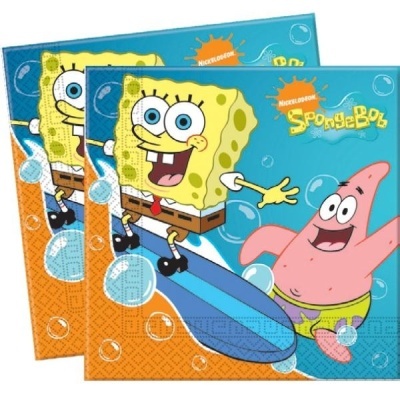 Guardanapos de papel com SpongeBob e Patrick em fundo azul e laranja