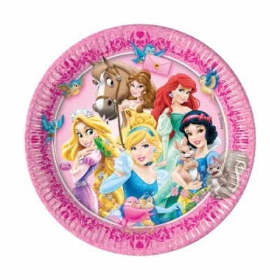 Prato de festa rosa com princesas Disney e animais