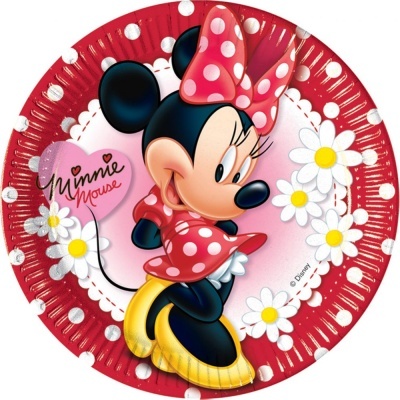Prato descartável com design da Minnie Mouse em vestido vermelho às bolinhas brancas