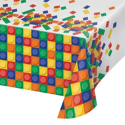 Toalha de mesa colorida com padrão de blocos tipo Lego