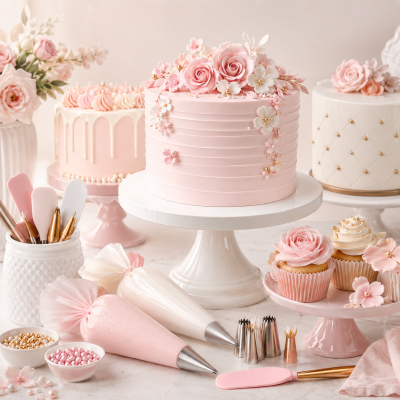 Bolo rosa com flores em pasta, cupcakes e ferramentas de pastelaria em mesa clara.