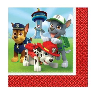 Ilustração de três cães da Paw Patrol num campo verde com torre ao fundo e borda vermelha trançada
