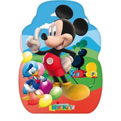 Tabuleiro colorido com Mickey Mouse, Donald Duck, balões e texto MICKEY