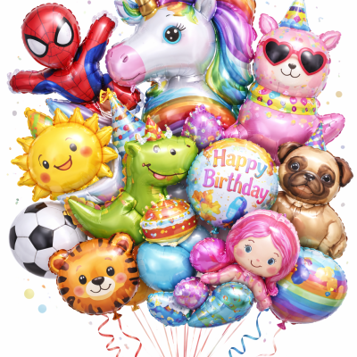 Balões de festa coloridos com várias formas e personagens, incluindo unicórnio e texto HAPPY BIRTHDAY