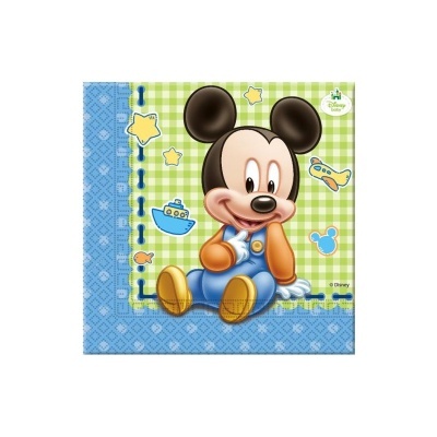 Guardanapo de papel para bebé com desenho do Mickey Mouse vestido com macacão azul