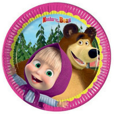 Prato descartável Masha and the Bear com fundo rosa e imagem das personagens