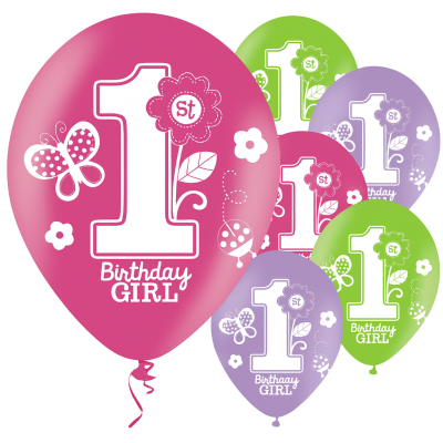 Balões coloridos com texto 1st Birthday GIRL e desenhos de flores e borboletas