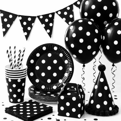 Decoração para festa preta com bolinhas brancas