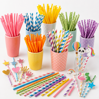 Canudos de papel coloridos e decorados em copos cerâmicos e toppers divertidos.