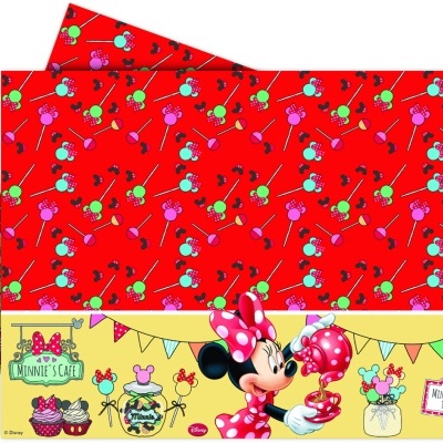 Papel de embrulho com padrão vermelho de pirulitos e faixa amarela com Minnie e texto