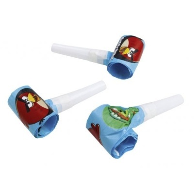 Três apitos de festa com personagens do Angry Birds, fundo azul e bico branco.