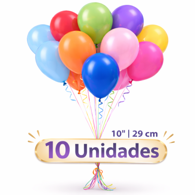 Balões coloridos de 10 unidades com fitas em fundo branco