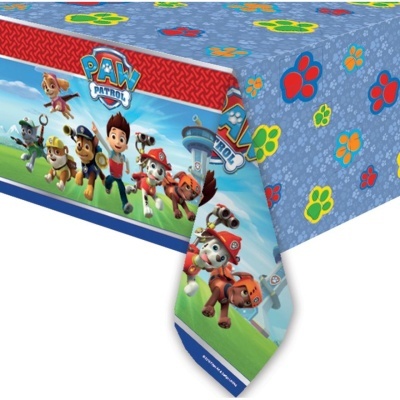 Toalha de mesa azul Paw Patrol com pegadas coloridas e personagens da série
