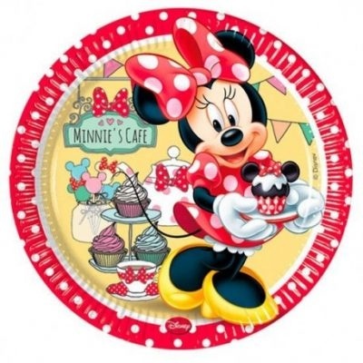 Prato descartável com decoração da Minnie Mouse e cupcakes