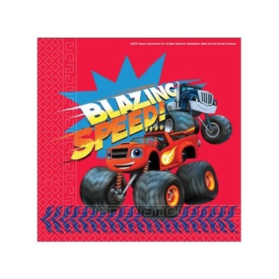 Guardanapo vermelho com dois monstrões camionetes animados e texto BLAZING SPEED