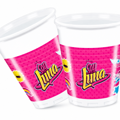 Dois copos de plástico com design colorido e texto Soy Luna