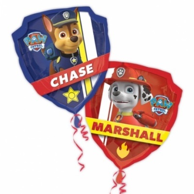 Balões de festa PAW PATROL Chase e Marshall em formato de escudo coloridos