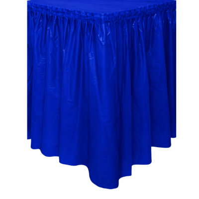 Saia para mesa azul de tecido com acabamento franzido