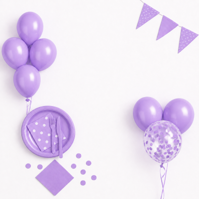 decoração para festa com balões e objetos lilás
