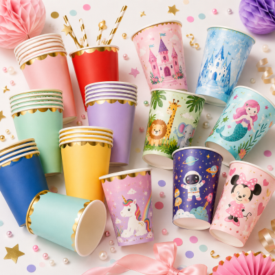 Copos de papel coloridos com padrões infantis e decoração de festa ao redor