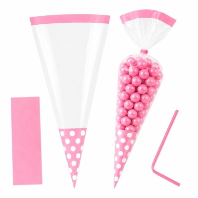 Sacos plásticos transparentes para bombons com acabamento rosa e bolinhas brancas com bolinhas rosas dentro
