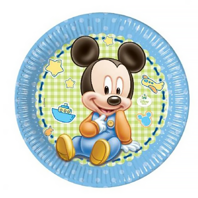 Prato de papel azul claro com desenho do Mickey Mouse bebê e padrões de bolinhas e xadrez