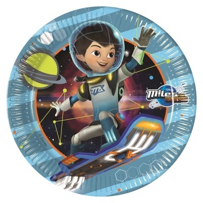 Prato descartável com personagem Miles vestido de astronauta em fundo espacial