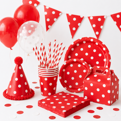 Conjunto de artigos para festa vermelhos com bolinhas brancas e decoração correspondente