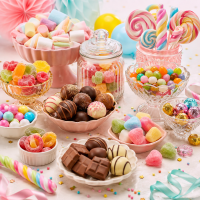 Taças e frascos com doces variados coloridos sobre superfície clara com fitas e bolas decorativas