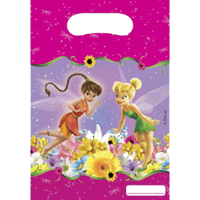Sacola plástica rosa com fadas Disney e flores coloridas